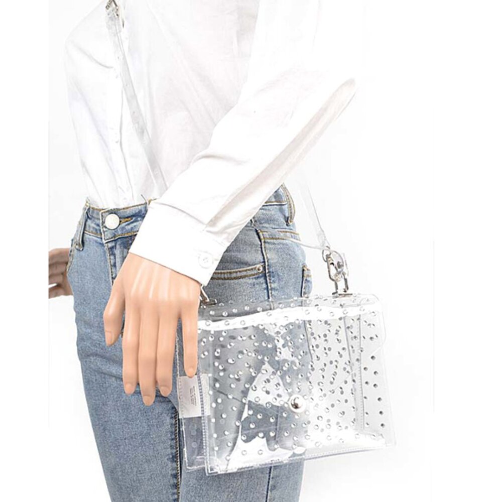 BNWT Brand New Transparent Rhinestone Studs Top Handle Stadium Bag Cleared Bag - Picture 6 of 6